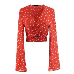 ANSFX сексуальный шифоновый красный цветочный принт сзади завязанный бант Подол Крест Глубокий v-образный вырез пуловер рубашка модная
