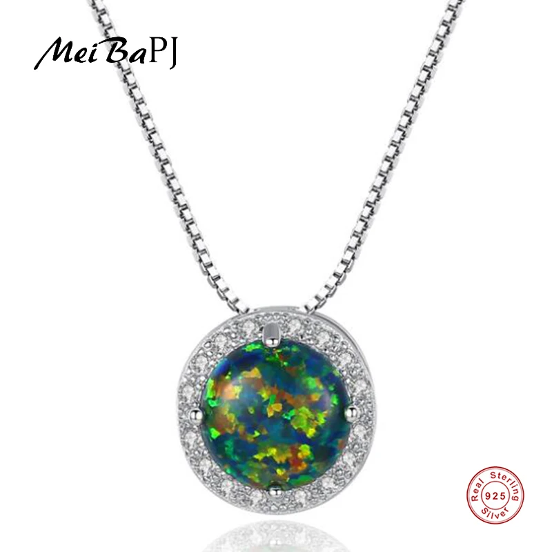 

[MeiBaPJ]Real S925 Solid Silver Opal Stone Simple Pendant Necklace for Women Charm Fine Party Jewelry SY