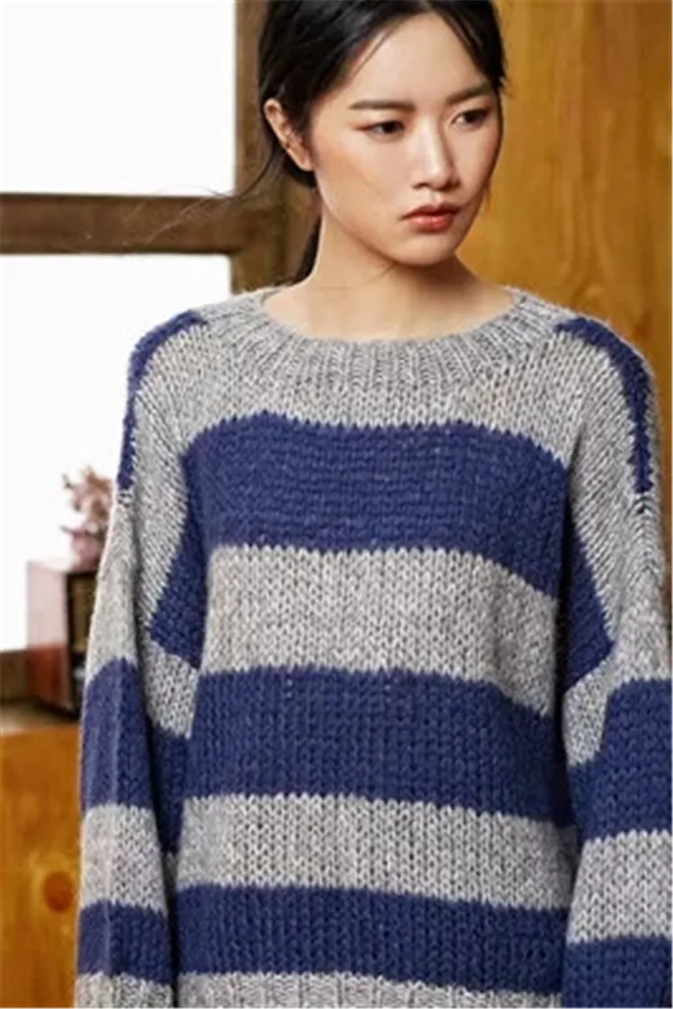 Вязаный женский свитер из 100% шерсти ручной работы свободный тонкий в полоску