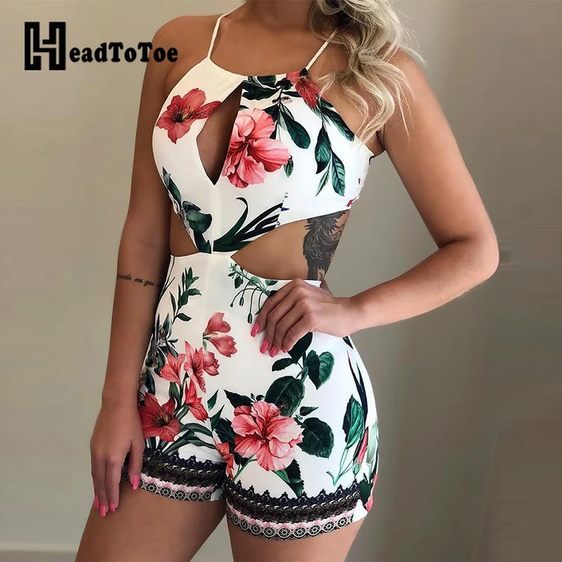 

Tropical Print Halter Cutout Romper Playsuits