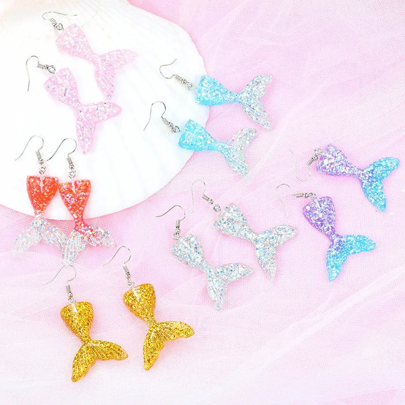 

New Arrival Cute Glitter Mermaid tail Resin Dangle Earring For Women Girls Fairy Tale Ear Jewelry Gifts Dropshipping