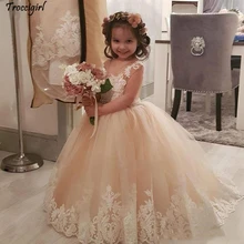 Lovely Champagne Flower Girl Dresses V-Neck Sleeveless Tutu Tulle Little Girls Dress For Wedding With Lace Applique Peplum Party cute lovely champagne lace flower girl dresses with pink sash appliqued ball gown party wedding girls dress with train