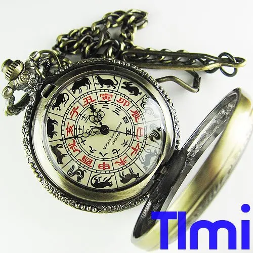 Редкий антикварный китайский знак зодиака циферблат Бронзовый Механические карманные часы