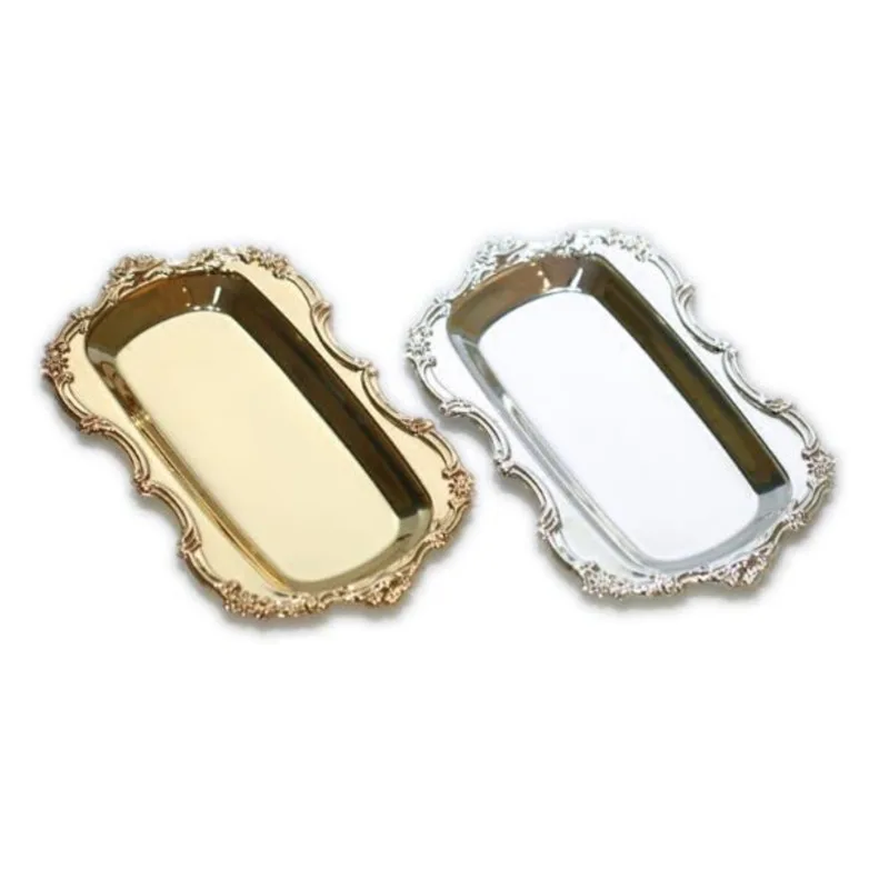 Silber Gold Gericht Platten Kuchen Tablett Geschnitzte Rand Hochzeit Декор десертный лоток Edelstahl Gerichte|Лотки для