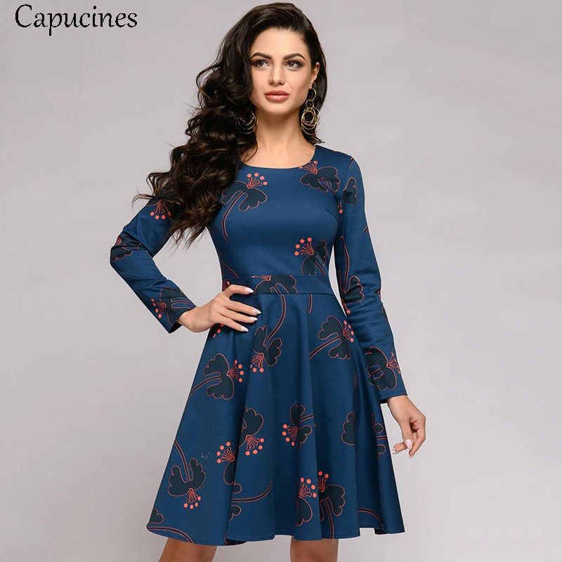 

Capucines 2019 Spring and Summer Women's Round Neck Long Sleeve Casual Dress Vintage Elegant Mini Blue Print Party Dress
