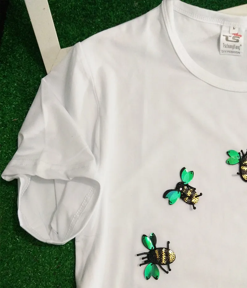 Большой размер Тройник свободный укороченный о-образный вырез свободные топы летние сексуальные вечерние женские футболки с вышивкой пчелы и тигра