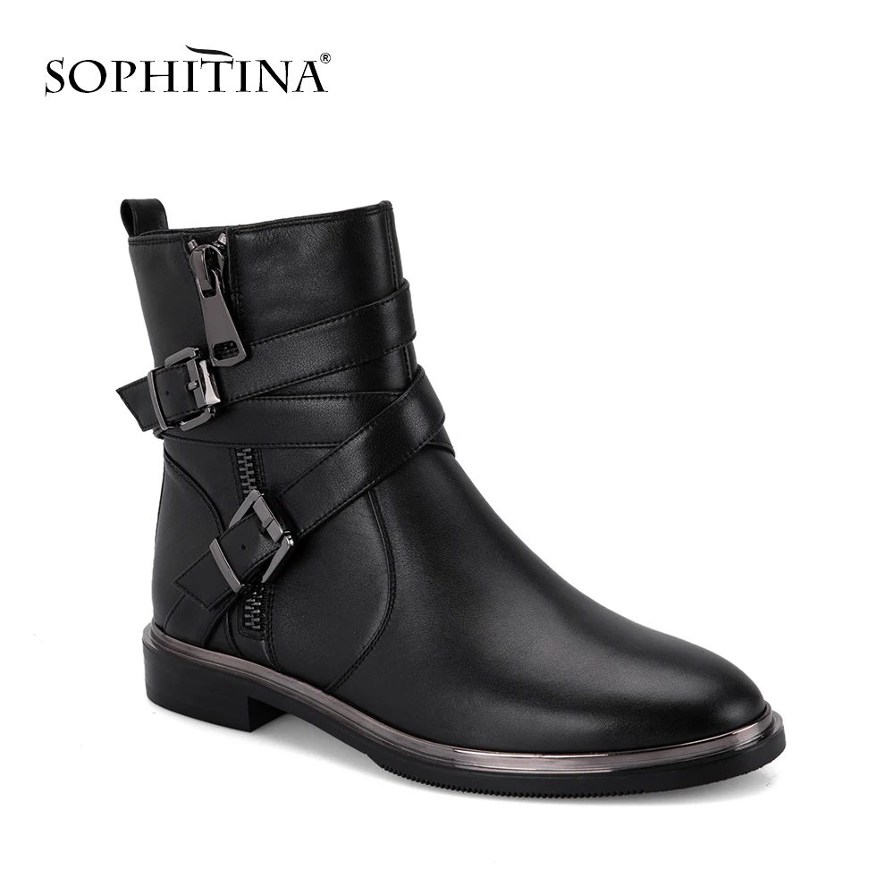 

SOPHITINA Spring Woman Chelsea Boots Handmade Genuine Leather Round Toe Shoes Quality Buckle Square Low Heel Lady Boots M21