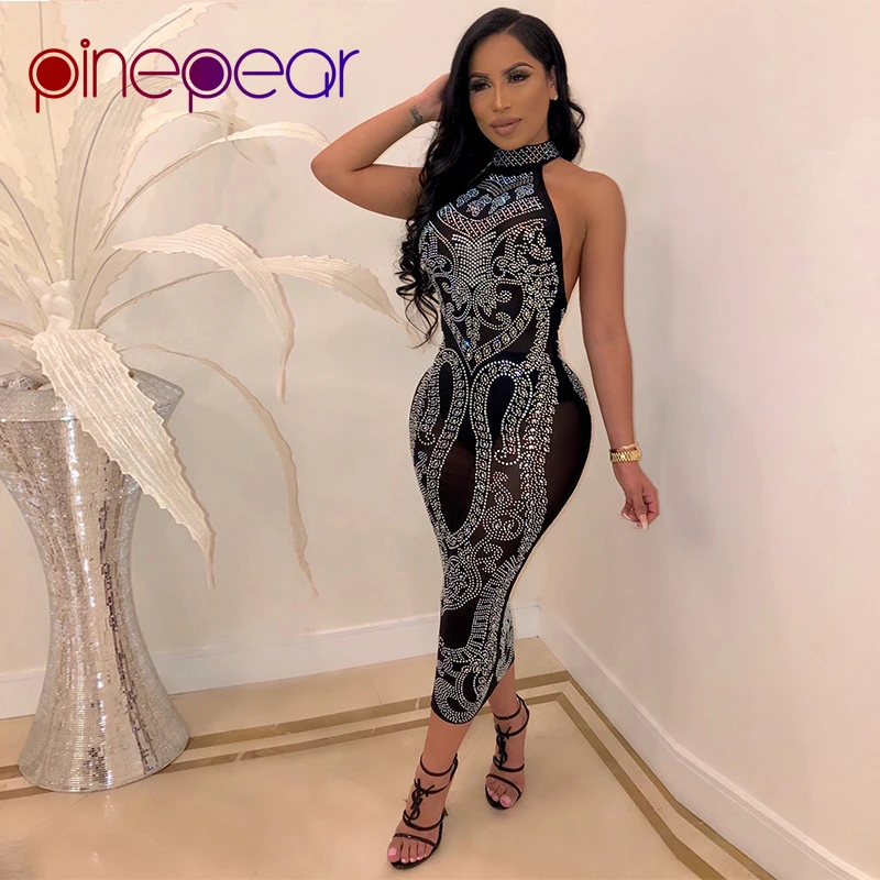 

PinePear Sparkly Rhinestone Sexy Plus Size Diamond Dress Women Open Back Off Shoulder Halter Backless Mesh Party Dress Wholesale