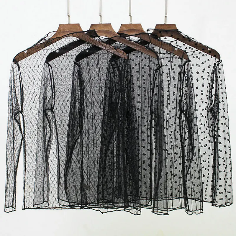 

2019 Women Summer Hollow Out Mesh Gauze Voile Tulle Basic Shirts Vintage Embroidery Star Snow Polka Dot Elastic Lace Blouse Tops