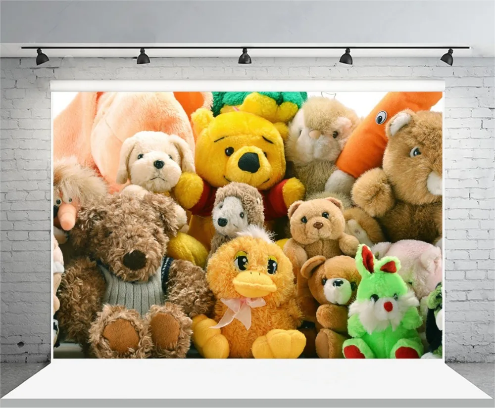 

Laeacco Cute Plush Toys Bears Dog Duck Scene Photography Backgrounds Vinyl Custom Camera Photography Backdrops For Photo Studio