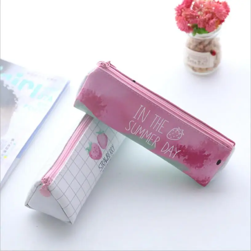 1 pcs Creative lovely pink triangular strawberry pencil case canvas