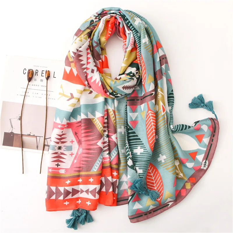 

2019 Newest Beautiful Cotton Geometry Print Tassel Scarves Shawl Women Long Aztec Tassel Wrap Hijab Muffler Free Shipping