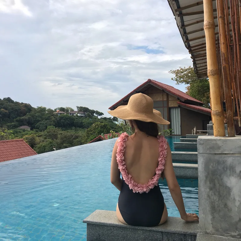 

One Piece Thong Swimsuit Women Summer Swimsuits Woman 2019 Swiming Suit For New Sexy Pink Three Flowers Backless Floral
