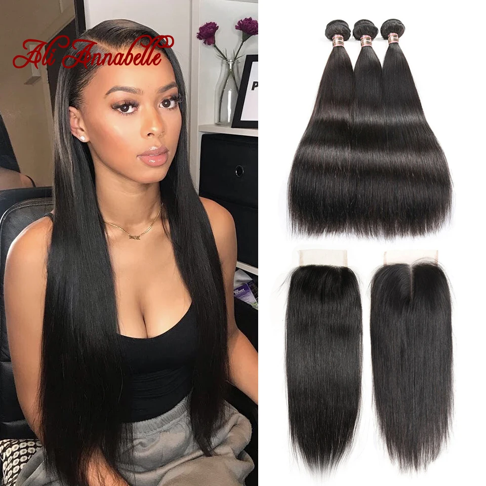 

ALI ANNABELLE Mongolian Hair Weave 3 Bundles With Lace Closure Free Middle Part Straight Human Hair Bundles With Closure Remy