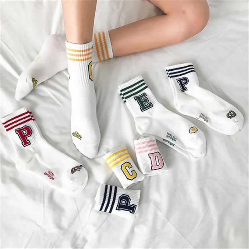 

Hot sale ulzzang socks for women cotton comfortable stripe spell color alphabet thread wild Harajuku socks