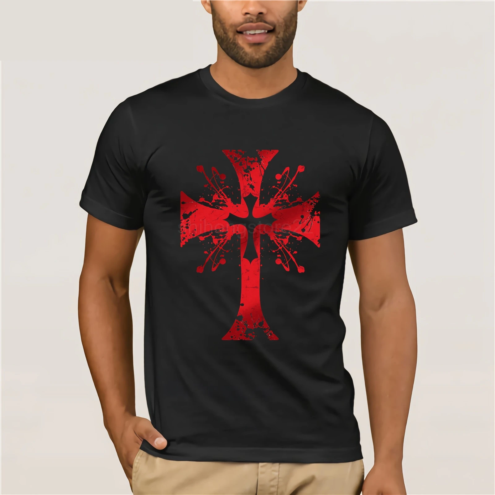 

New Arrival Knights Templar Cross Print T-shirt Stylish Men Black Red T Shirt Cartoon Vintage Pattern Tops For Christian
