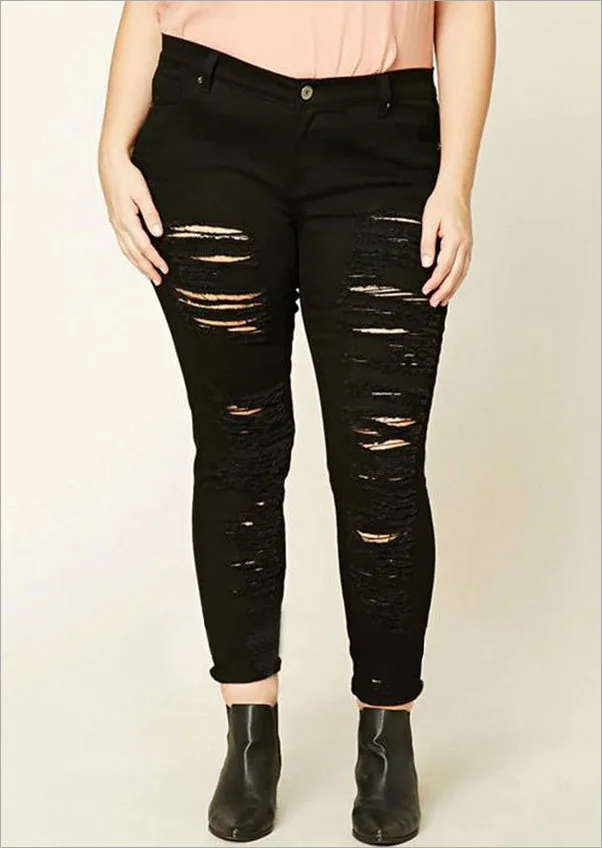 2017 NEW Fashion Women Lady Destroyed Hole Light Black Denim Ripped