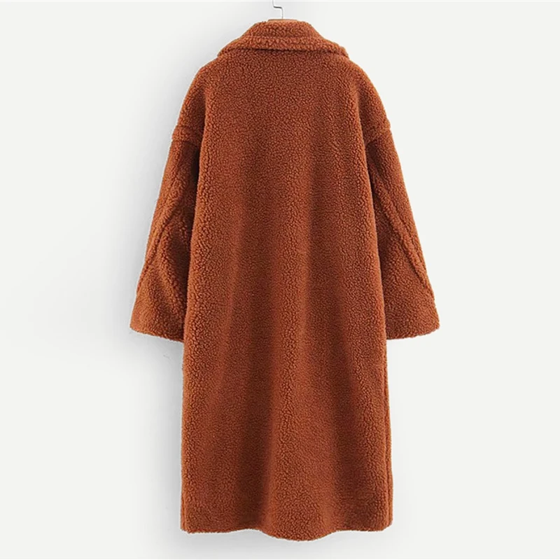 COLROVIE Brown Solid Pocket Open Front Casual Teddy Coat Women Autumn Fashion Warm Long Coat Office Ladies Elegant Outwear