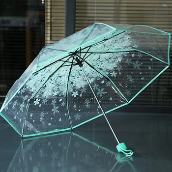 

Hot sell 3 Fold Sun Rain Umbrella Rain Tools Woman Flowers Transparent Umbrella Beautiful