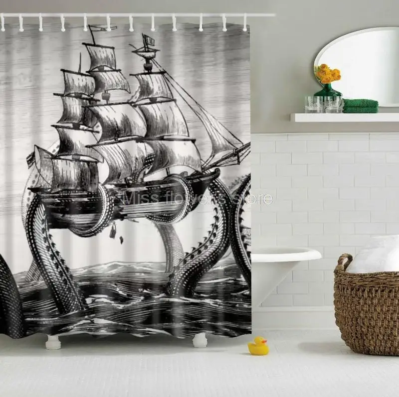 Осьминог Kraken Attack Galleon Парусный Корабль Ретро дизайн под заказ занавеска для душа