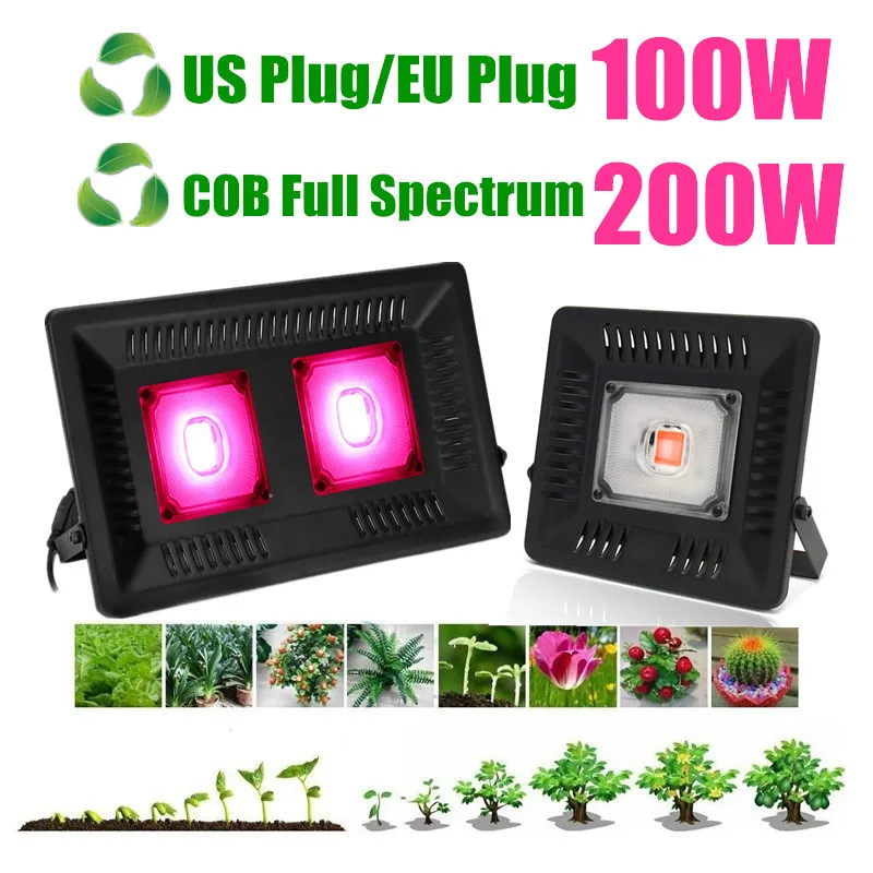 Led Grow Lights Full Spectrum 100 200w Cob Waterproof Ip67 Indoor Outdoor Hydroponic Greenhouse Plant Lighting Us Eu Plug
