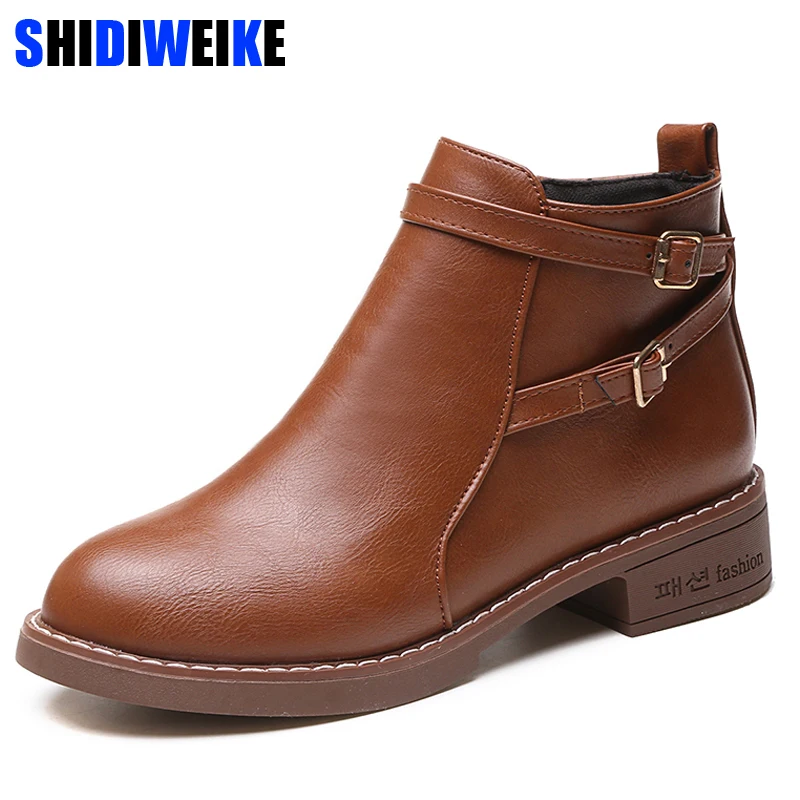 

New Fashion European Style Black Ankle Boots Square heel Round Toe Side zipper Martin Boots PU Leather Woman Shoes With N162