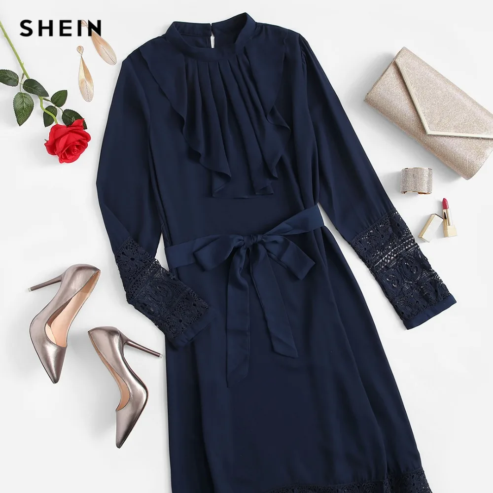 SHEIN Платье С Гипюровой Отделкой И Поясом Миди Слатье Воротником Стойкой Длинными