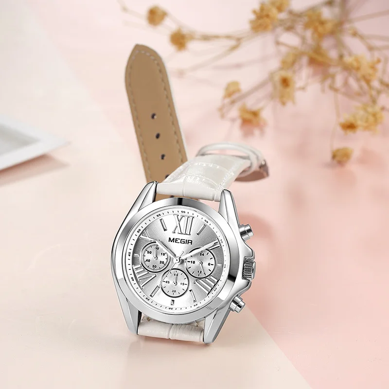 MEGIR женские часы Роскошные Кварцевые водонепроницаемые женские часы ремешок из натуральной кожи хронограф наручные часы Relogio Feminino