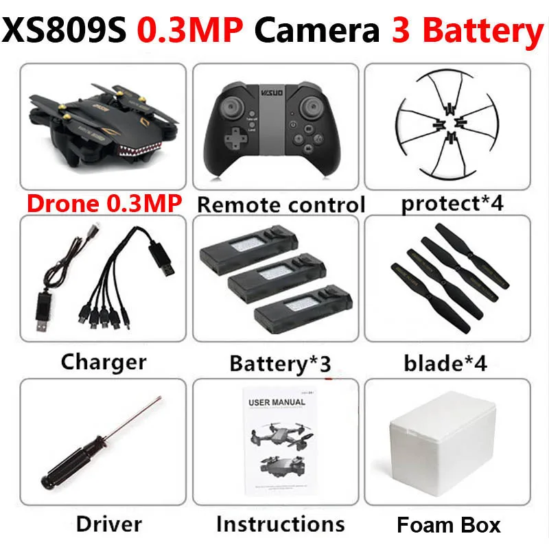 VISUO XS809S Профессиональный складной Дрон с камерой 2MP HD WiFi FPV селфи широкоугольный Радиоуправляемый квадрокоптер Вертолет игрушка для мальчика VS XS816 - Цвет: XS809S 0.3MP 3B Foam