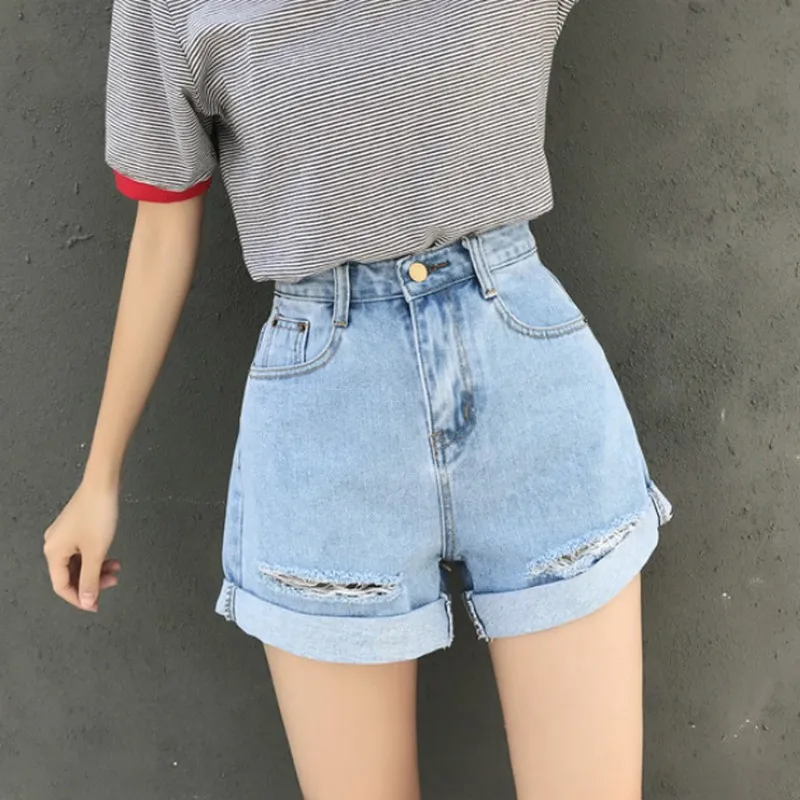 2019 Summer Streetwear Korean Style Loose High Waist Women Denim Shorts Vintage Hole Loose Curling Wide Leg Ladies Short Pants 2019 Summer Streetwear Korean Style Loose High Waist Women Denim Shorts Vintage Hole Loose Curling Wide Leg Ladies Short Pants