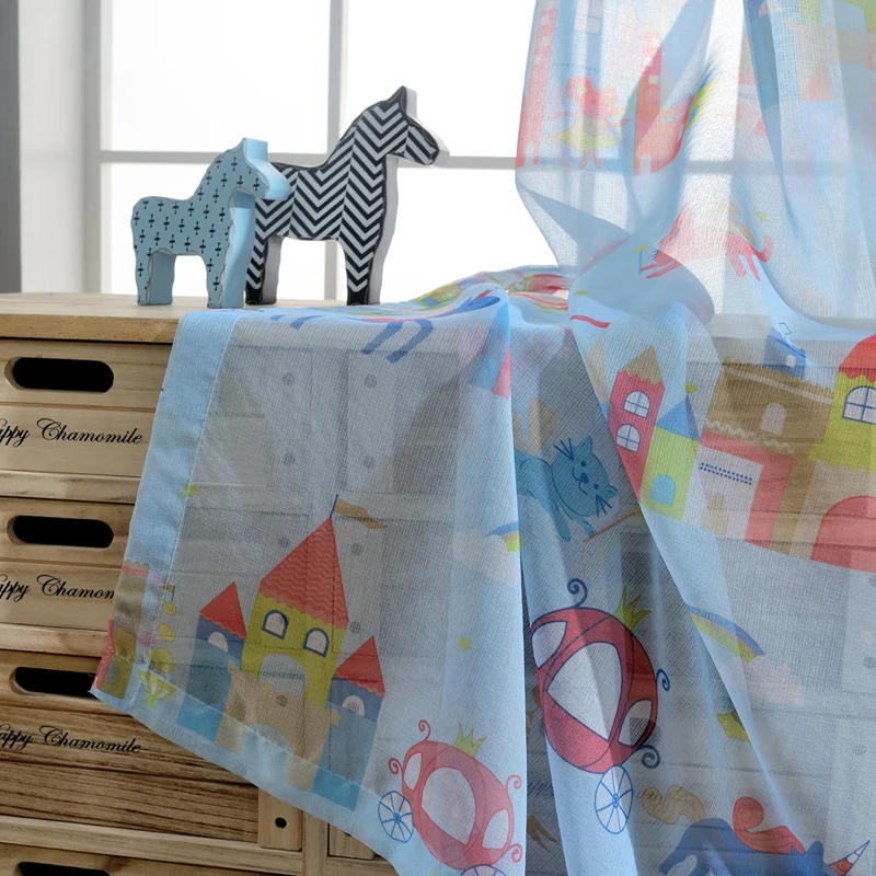 Cortinas rosadas opacas para niños niñas dormitorio azul dibujos animados Castillo Cortinas para niños habitación impresión Cortinas y gasa WP253 y 20