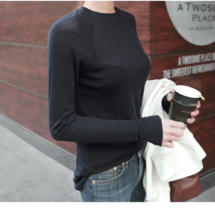 Высококачественная базовая Женская футболка из шелка и хлопка, эластичные женские повседневные топы с длинным рукавом, сексуальная тонкая футболка Korea, прозрачная Весенняя футболка