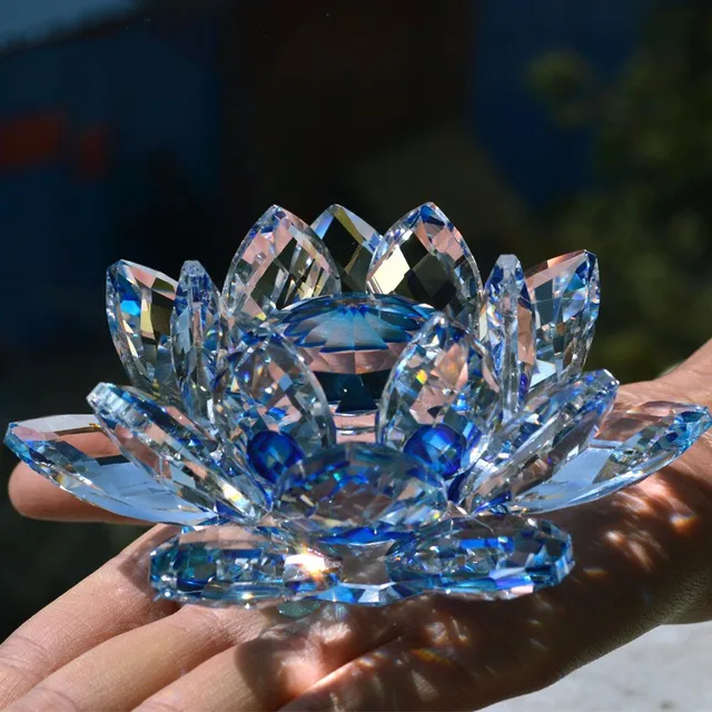 90mm Blue Sparkle Crystal Lotus Flower Ornaments with Gift Box Feng