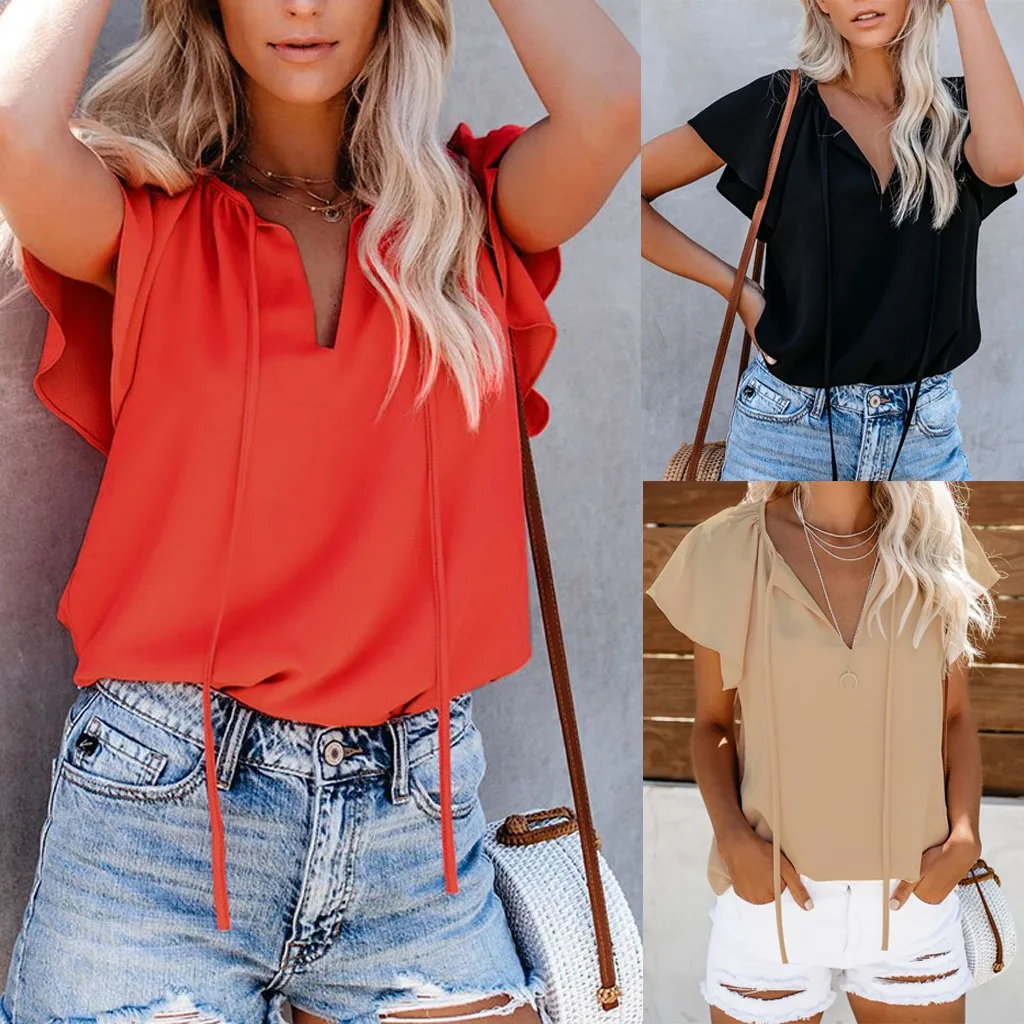 

Female Summer Short Sleeves V Neck T Shirt girl Pure Color Casual Basic Tops Women's fashion tie casual top poleras de mujer