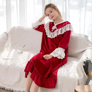 

Autumn winter new Lace patchwork palacess Gold velvet women sleep dress v-neck long sleeve ruffle sweet female Nightgowns gx1215