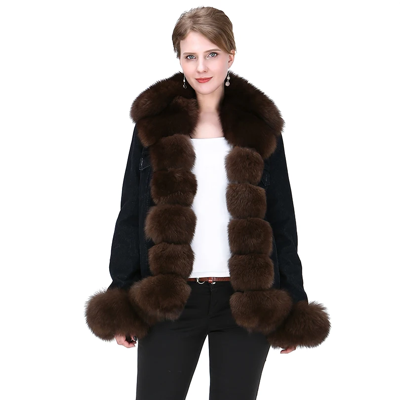 

Women Real Fox Fur Coat 2018 Fashion Pockets Jeans Jacket With Real Fur Collar High Street Natural Fox Skin Lady Winter Overcoat
