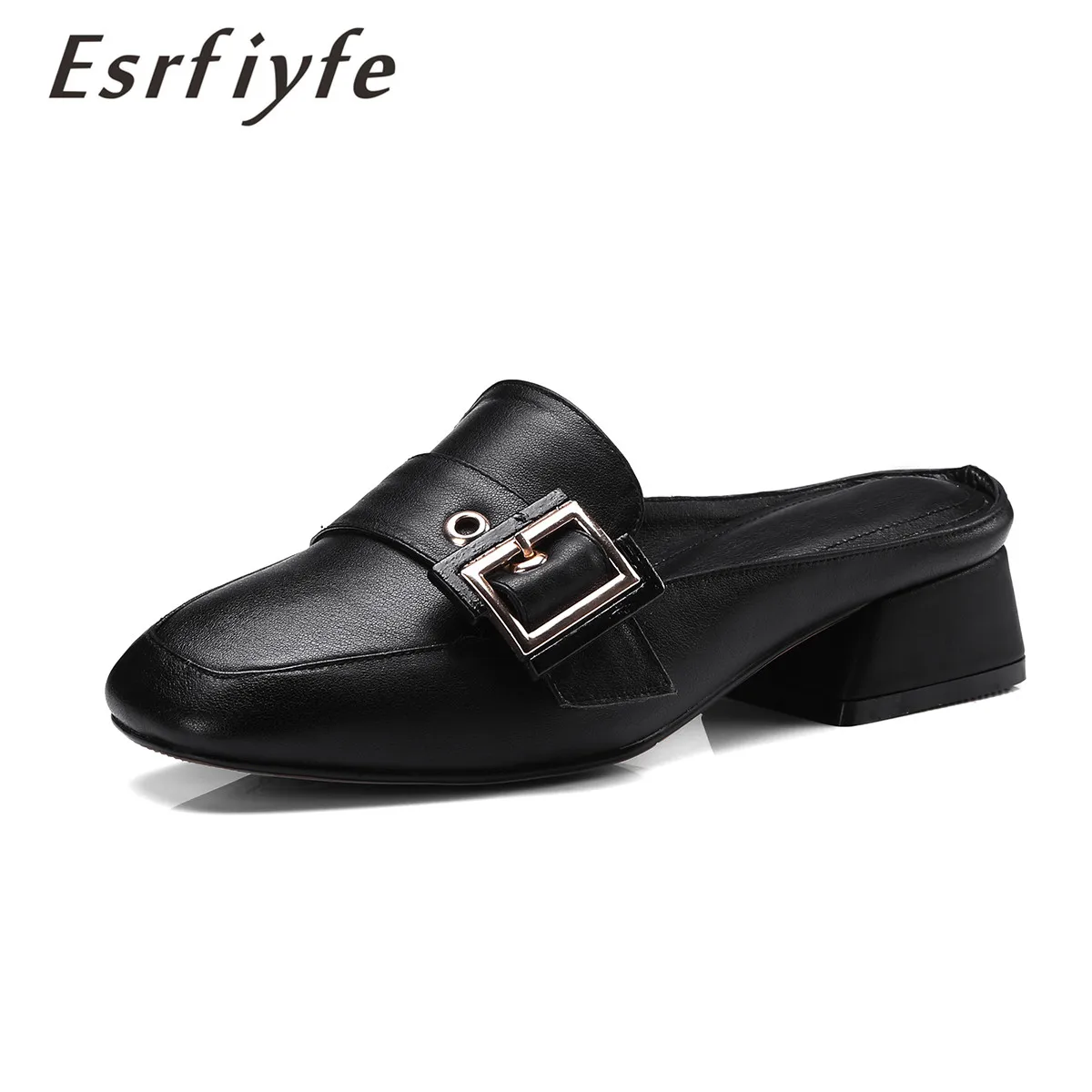 

ESRFIYFE Chaussures Femme Ete 2018 Slipper Genuine Leather Square Toe Square Heels Metal Decoration Silppers Fashion Handmade