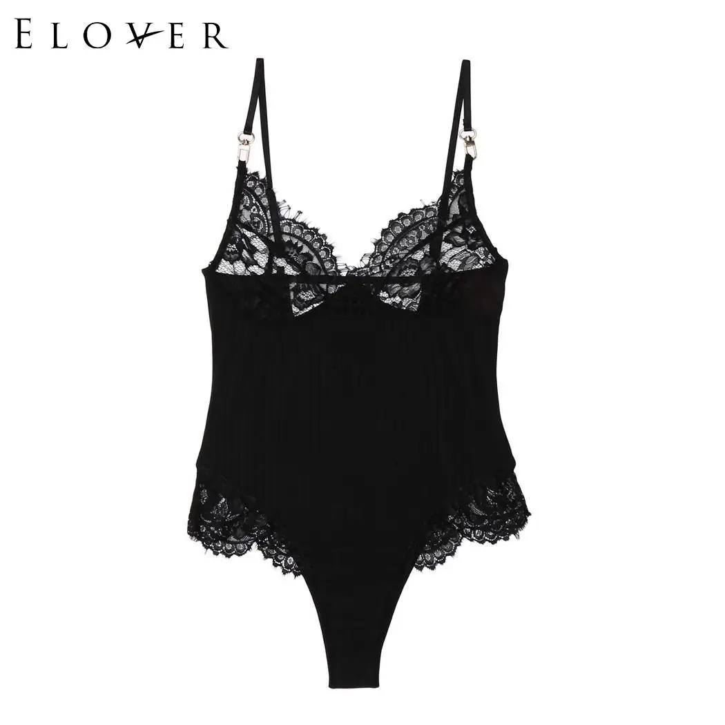 ORIGINAL  Elover Baby Doll Sexy Lingerie Bodysuit Floral Black Teddy Sexy Nightwear V Patchwork Women Lace Ne