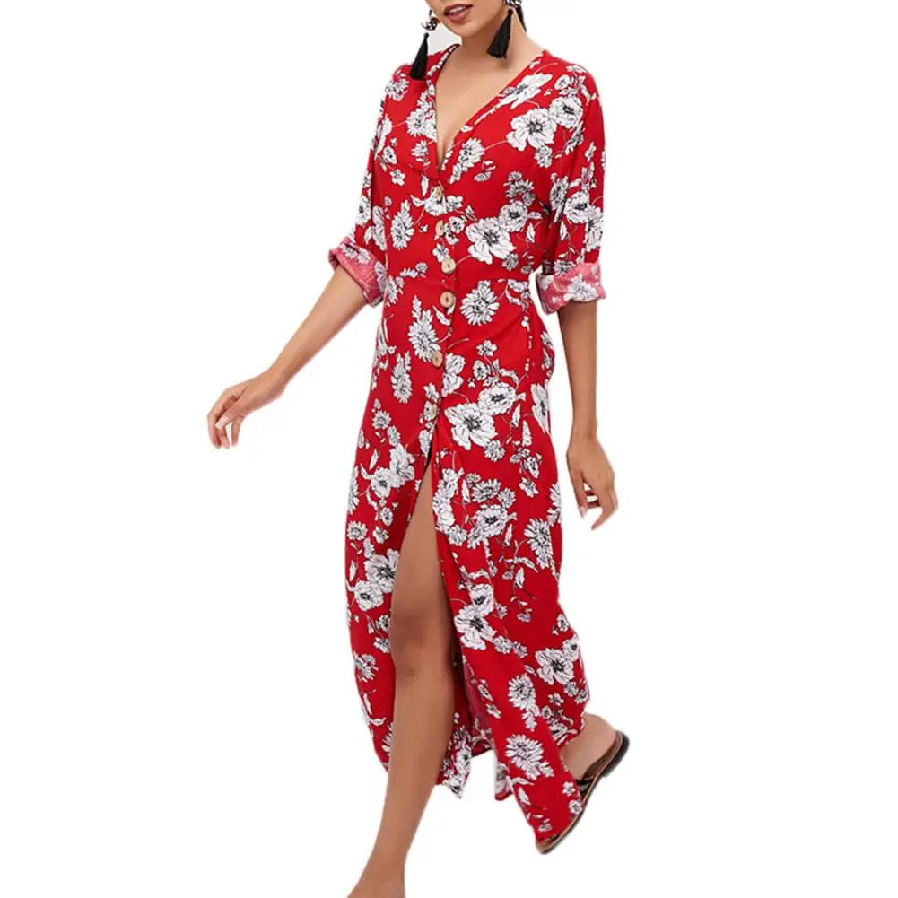 

New Bohemia Flower Leaf Print V Neck Long Sleeve Buttons High Split Women Maxi Dress
