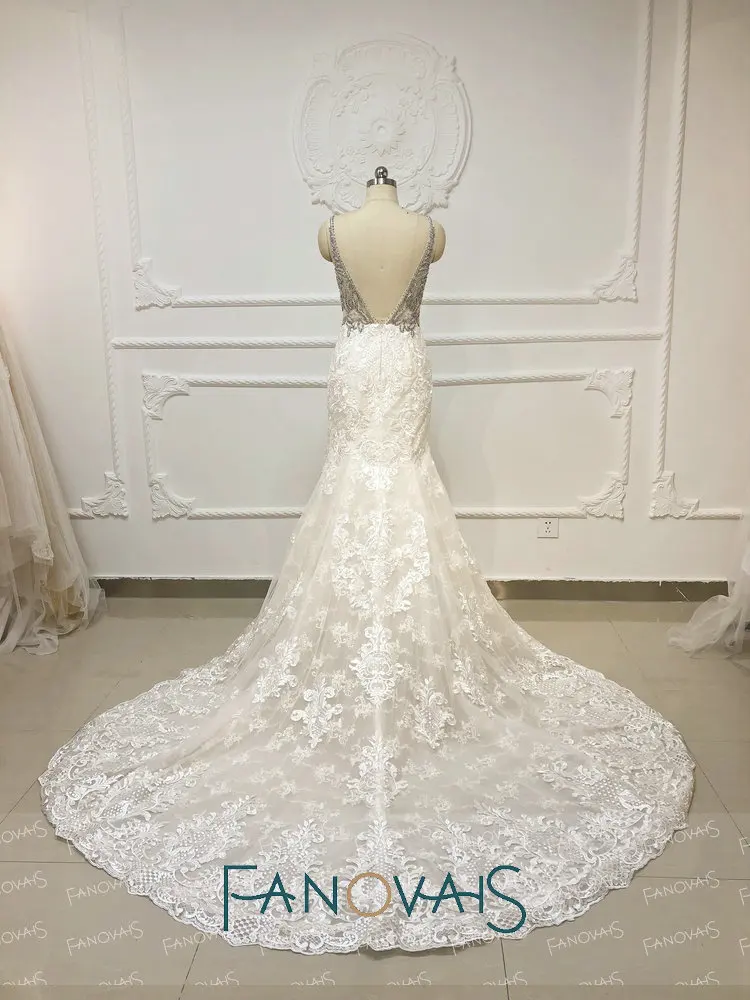 Crystal RhineStone Luxury Mermaid Wedding Dresses Lace Wedding Gowns Vestido De Novia Длинный Поезд Пляж Свадебные Платья