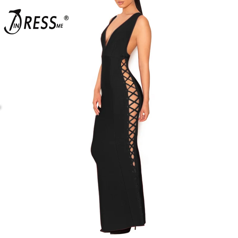 

INDRESSME New 2018 Women Bandage Dress Mid-Calf Deep V Mermaid Lace Up Backless Sexy Club Party Dress Vestido