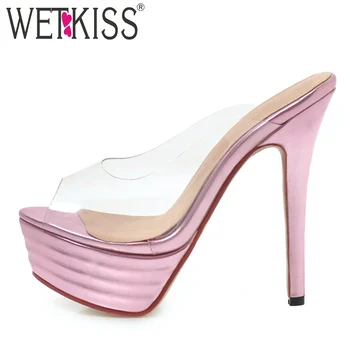 

WETKISS Transparent Pvc Slippers Woman Peep Toe Footwear High Heels Slides Shoes Female Mules Platform Shoes Woman Summer 2019