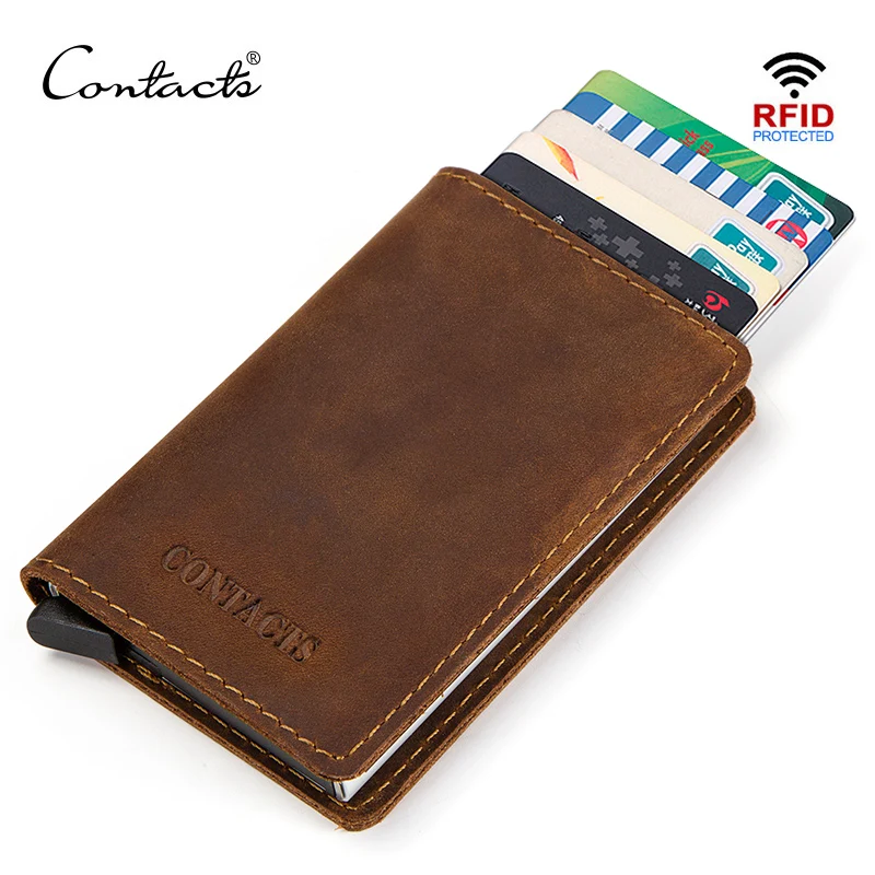 Wallet Id-Card-Holder CONTACTS Thin Aluminum Rfid Genuine-Leather Coin-Purse Business