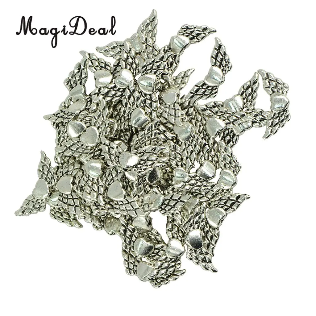 MagiDeal 50 Pieces Tibetan Silver Angel Wing Heart Spacer Beads Jewelry DIY Making Jewelry Pendant Accessories Vintage Tibetan 