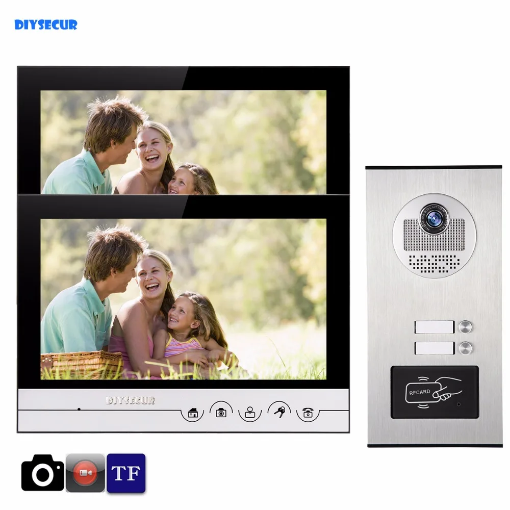 DIYSECUR 9\ Record/Photograph Video Intercom Doorbell Video Door Phone System IR Camera Build-in RFID Reader For 2 Families