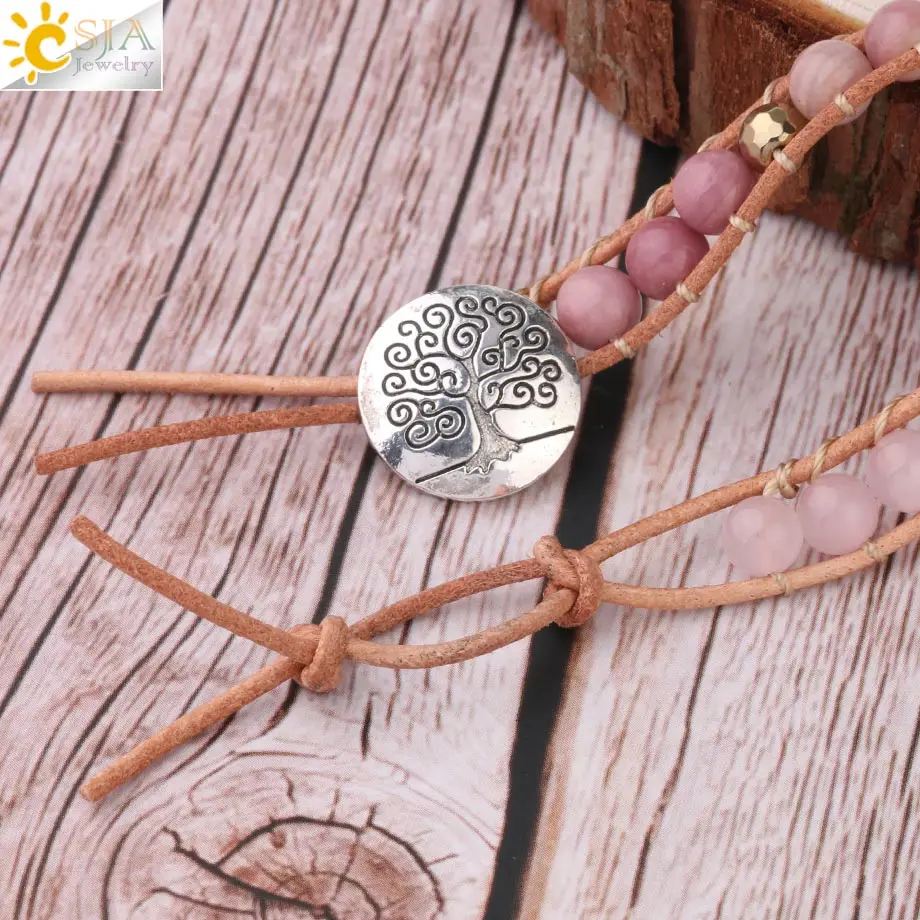 CSJA Natural Stone Bracelet Pink Quartz Leather Wrap Bracelets for Women Rose Gems Crystal Beads Bohemia Jewelry 5 Strand S308 - Image 5
