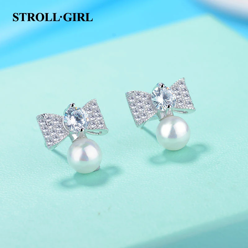 

StrollGirl New trendy earrings pearls 2019 Sterling silver 925 cubic zirconia Bowknot Stud Earrings for Women New Arrival