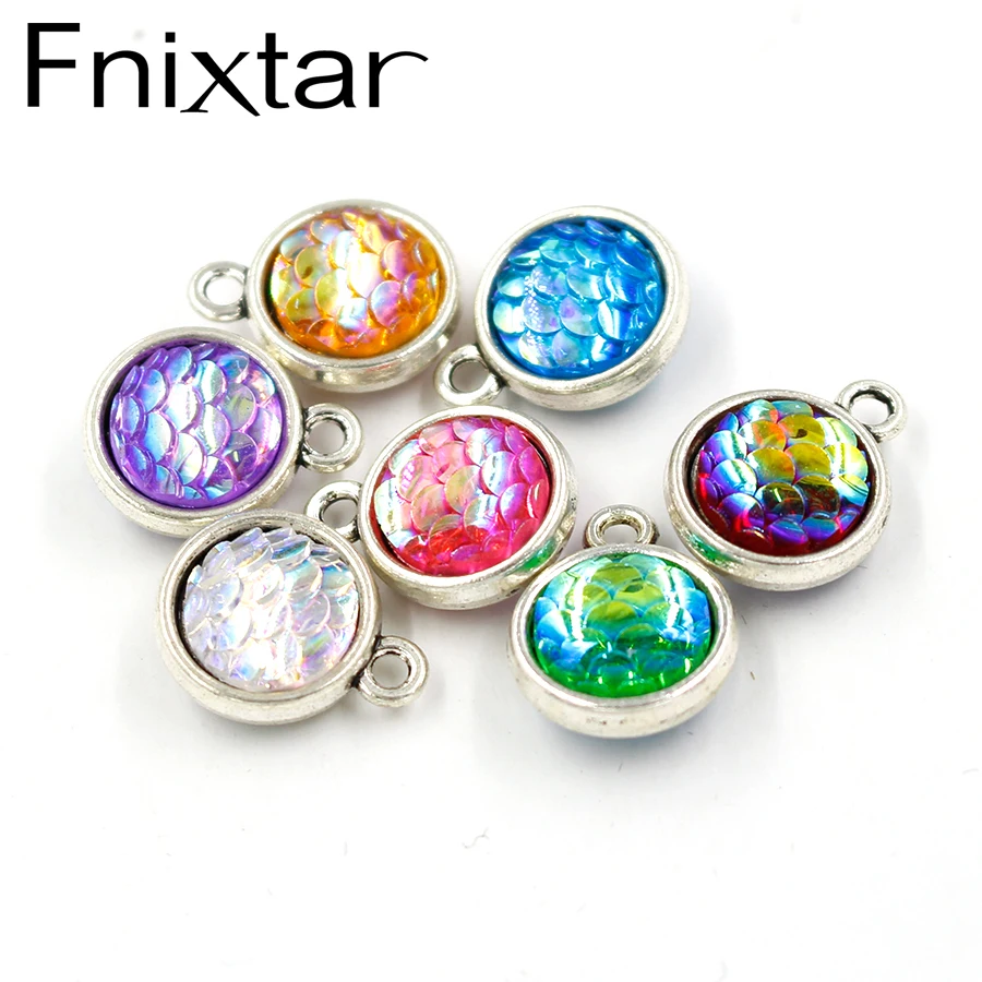 

Fnixtar 12Pcs/Lot Alloy 10mm Two Sided Mermaid Scale Charms Resin Fish Dragon Scale Charms For Jewelry Making Necklace Earrings