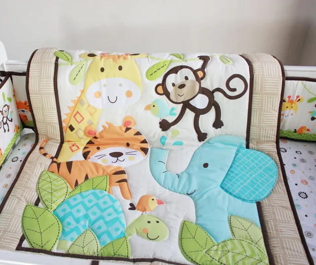 New Happy Jungle Animals Friends Baby Crib Bedding set 3pcs bed kit Applique Embroidered 3d