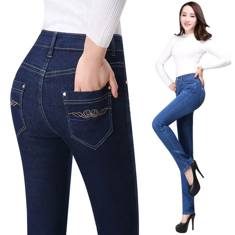 Jean Fashion Hot Embroidered Jeans Women Pant Skinny High Waist Stretch Slim Pencil Pants Denim Casual Jean Ladies Trousers